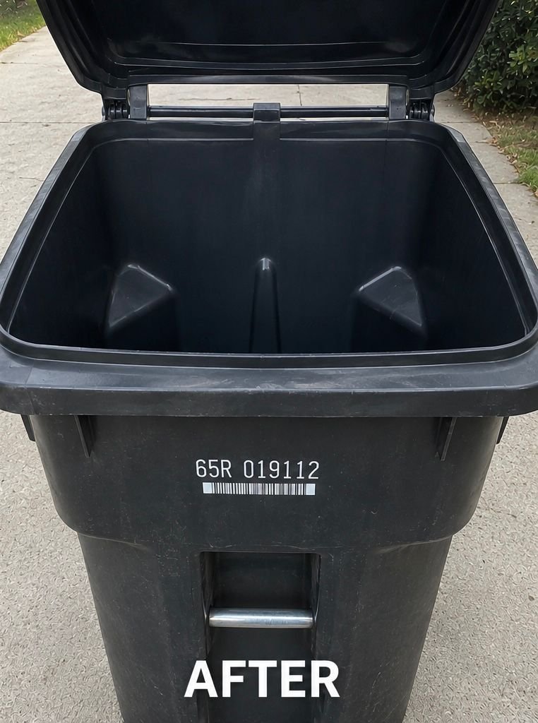 Interior of a blue bin after professional cleaning — clean plastic with fresh water droplets