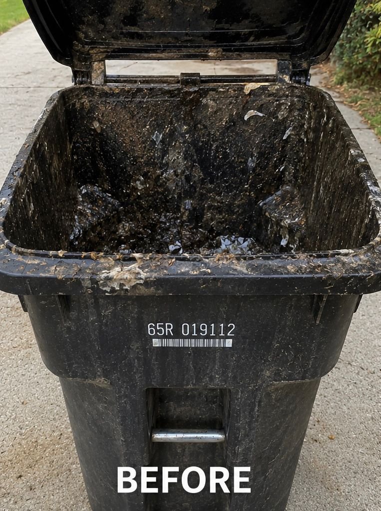 Interior of a dirty blue bin — heavy buildup, mold, and garbage juice before professional cleaning